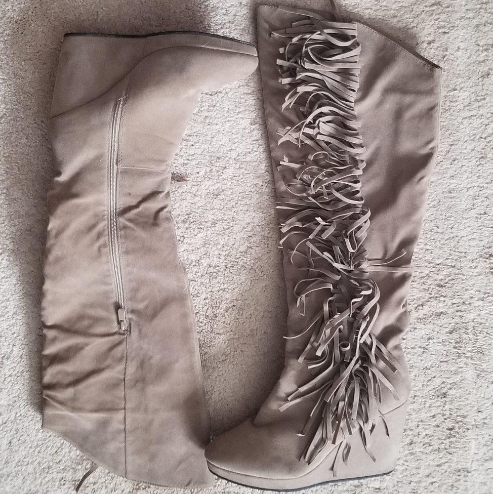Taupe Tall Wedge Fringe Tassle Boots